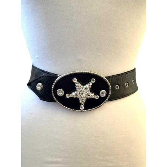 Michelle Monroe Black Leather Belt Swarovski Crystals Star Western Buckle Cowboy - Picture 1 of 7